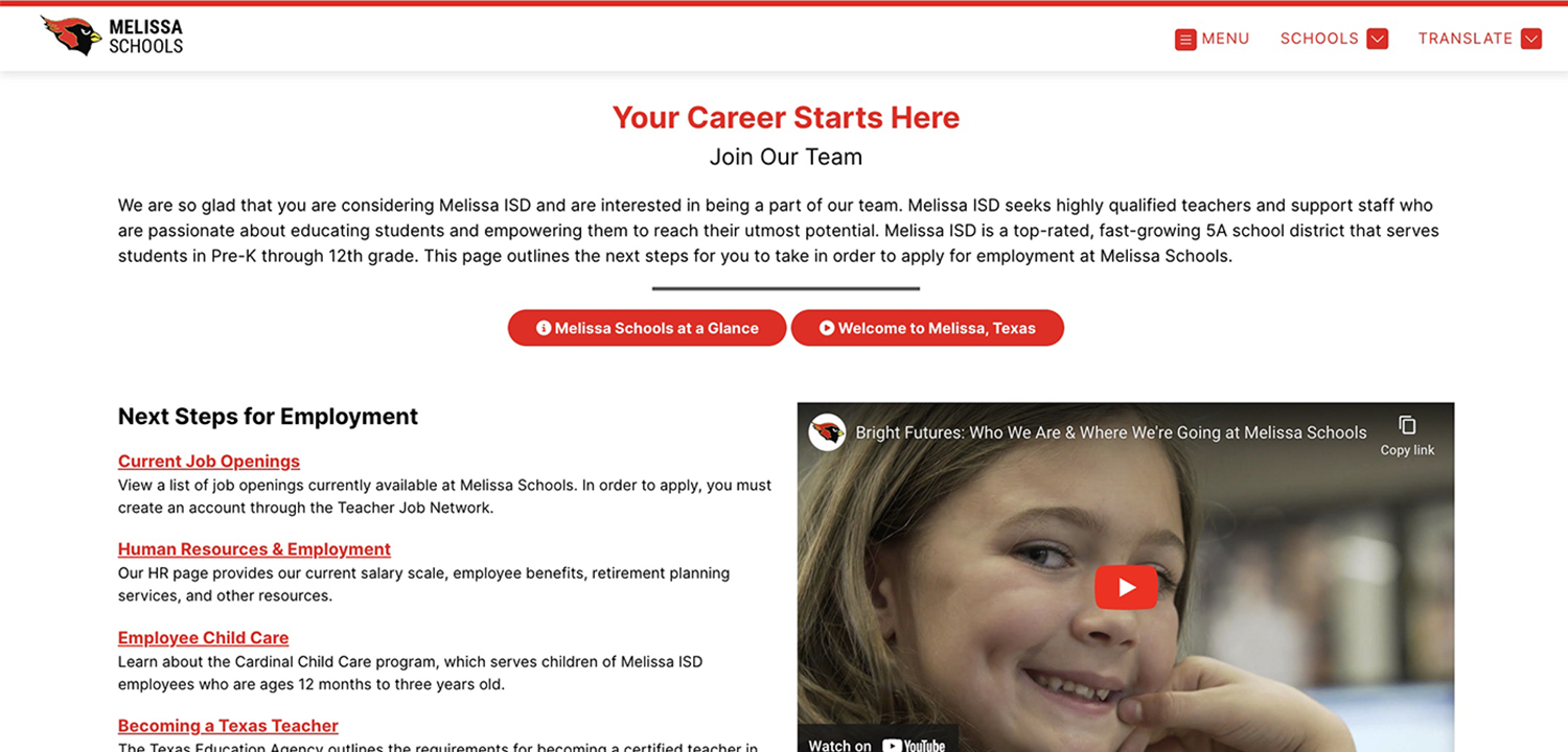 informational landing page regarding career opportunities