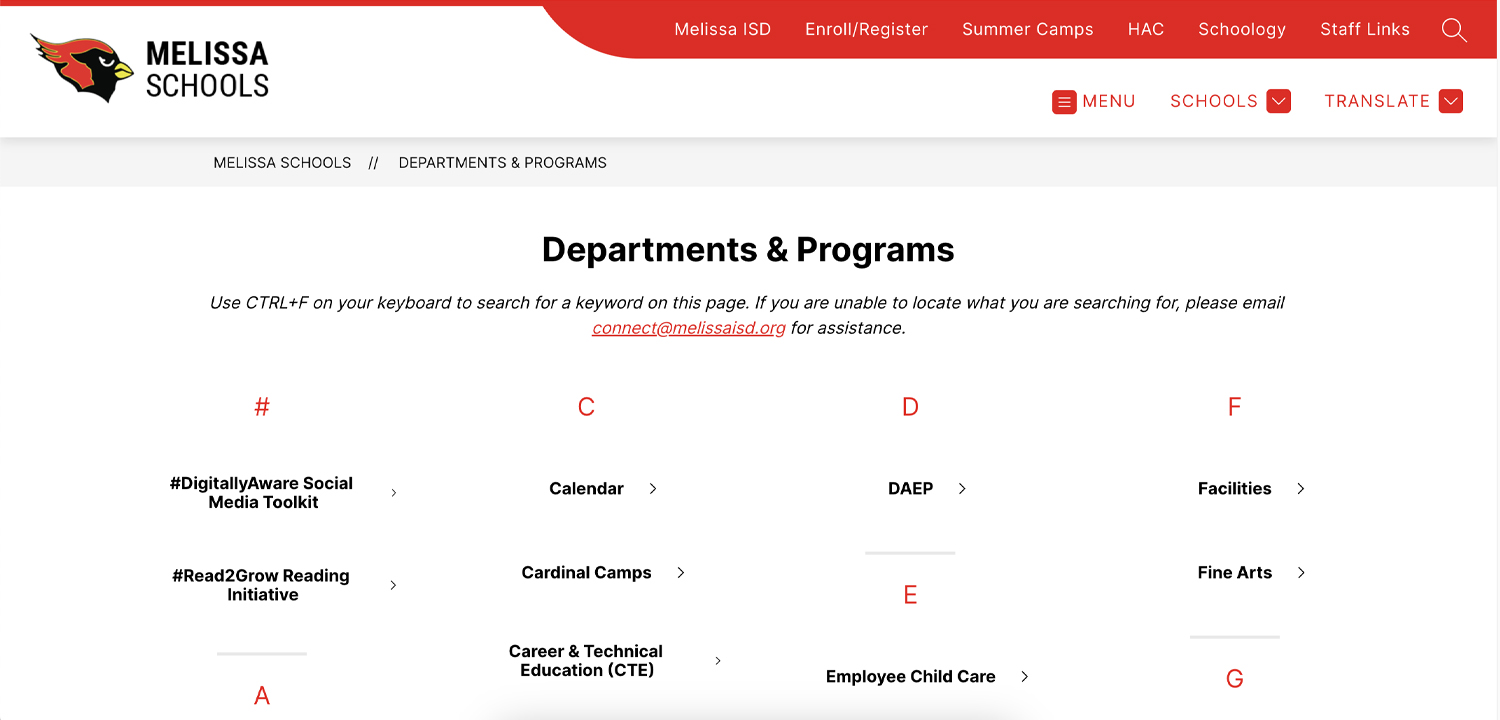 informational landing page with a directory of web page links for departments and programs