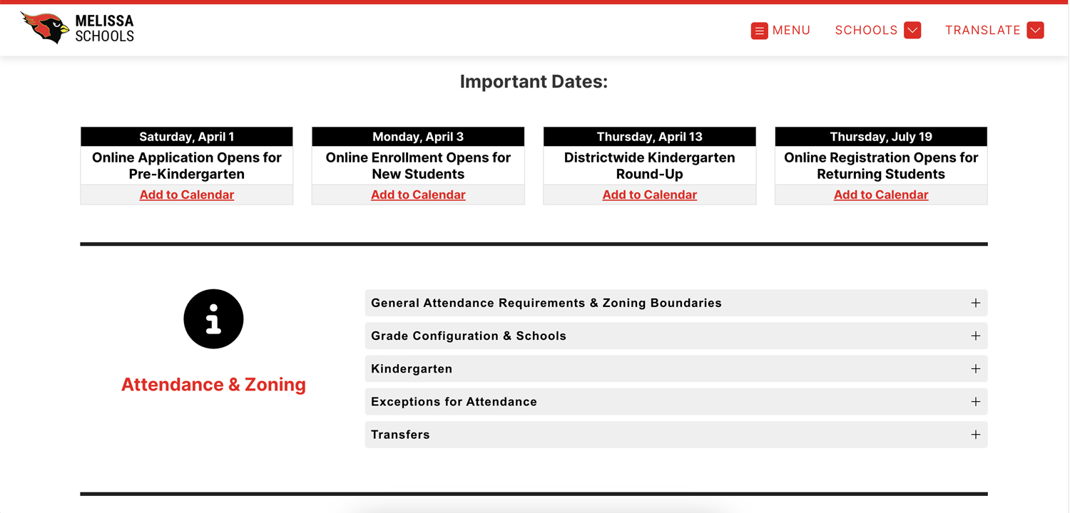 informational landing page detailing student attendance requirements and online registration instructions