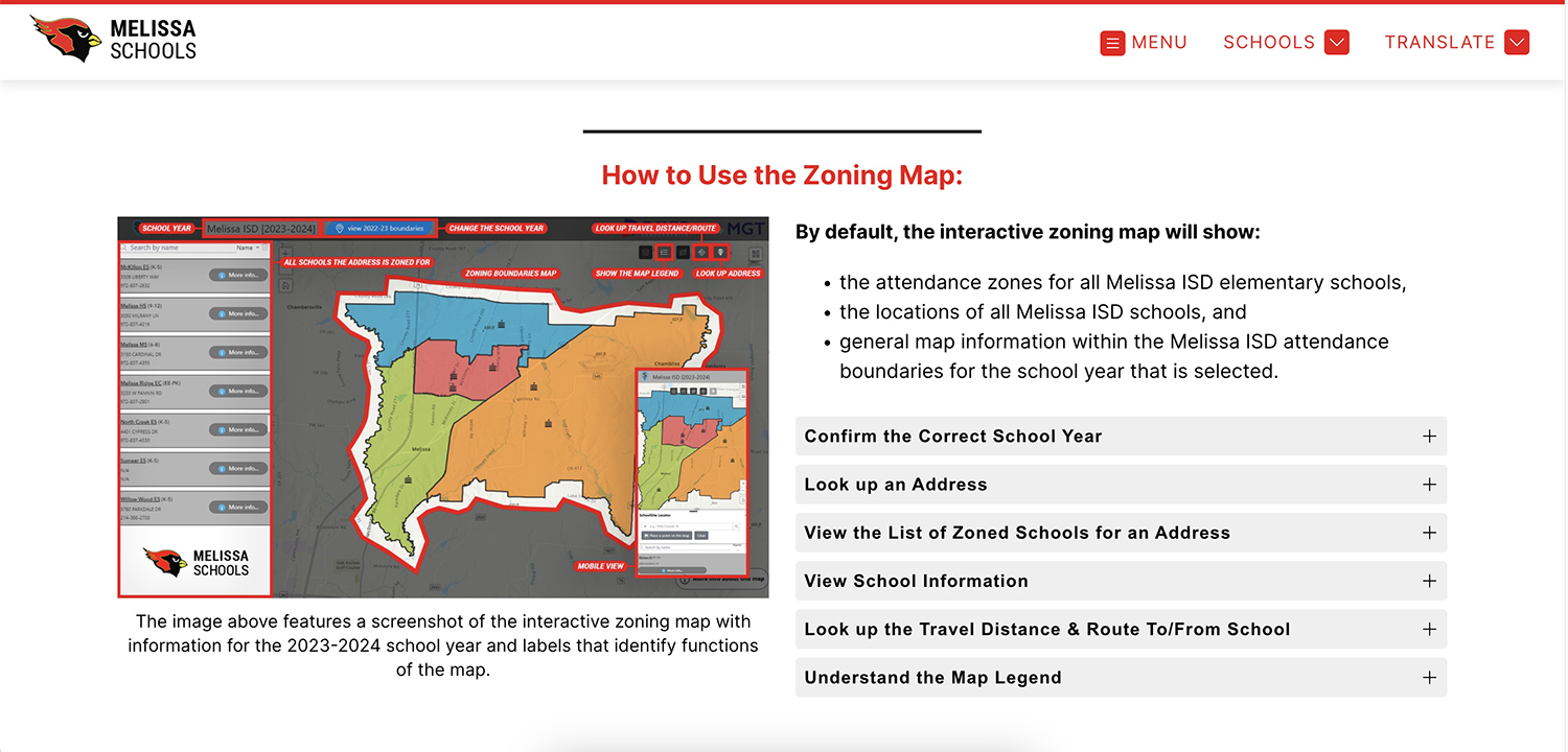 informational landing page detailing the process for using an interactive school zoning map