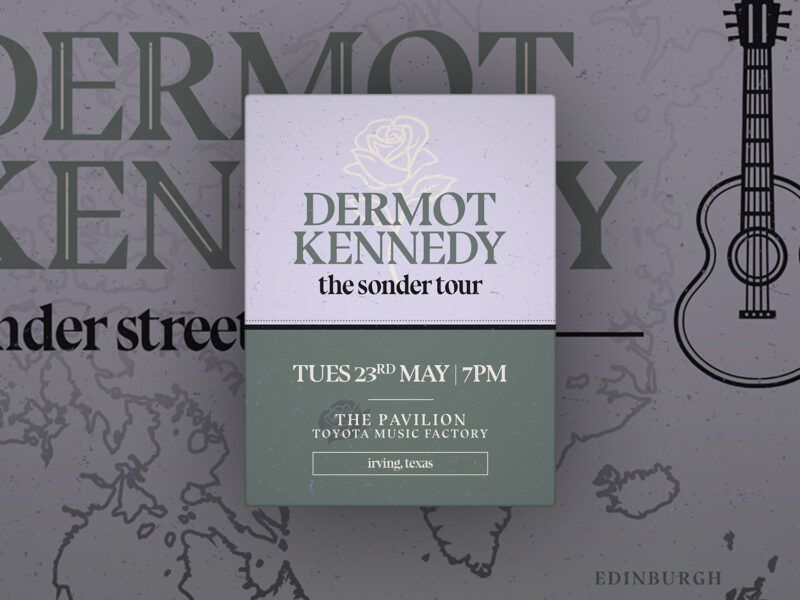 a mockup with an invitation postcard designed to theme with Dermot Kennedy's Sonder Sessions album aesthetic