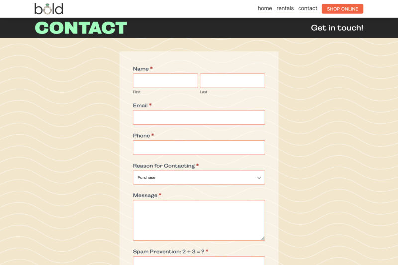 boutique_contact desktop view of the Bold Boutique contact page