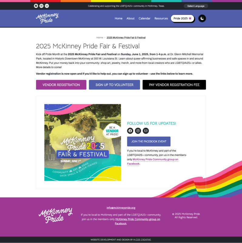 MCKP_Festival Info_Desktop desktop view of the McKinney Pride Fair & Festival page
