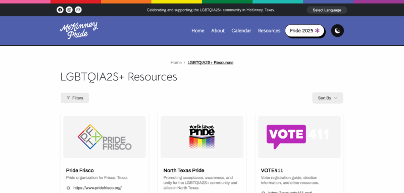 MCK_Directory_Desktop_Screen desktop view of the McKinney Pride resource directory main page